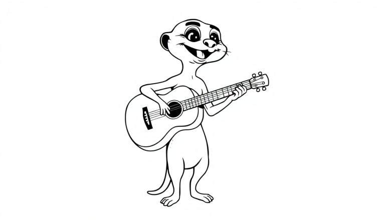 Een zwart-witte kleurplaat van een magere stokstaart die op een gitaar speelt.