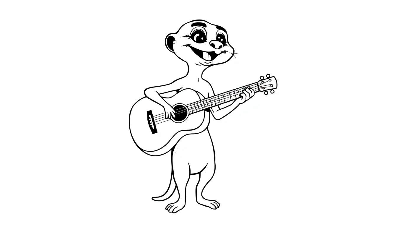 Een zwart-witte kleurplaat van een magere stokstaart die op een gitaar speelt.