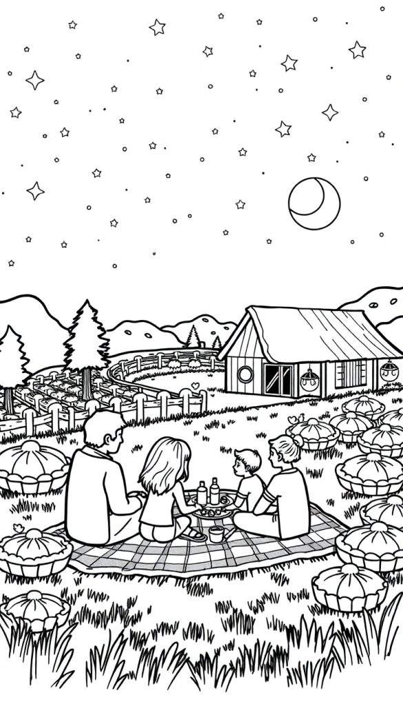 Een kleurplaat van een gezin dat 's nachts picknickt op een pompoenveld bij een huis.