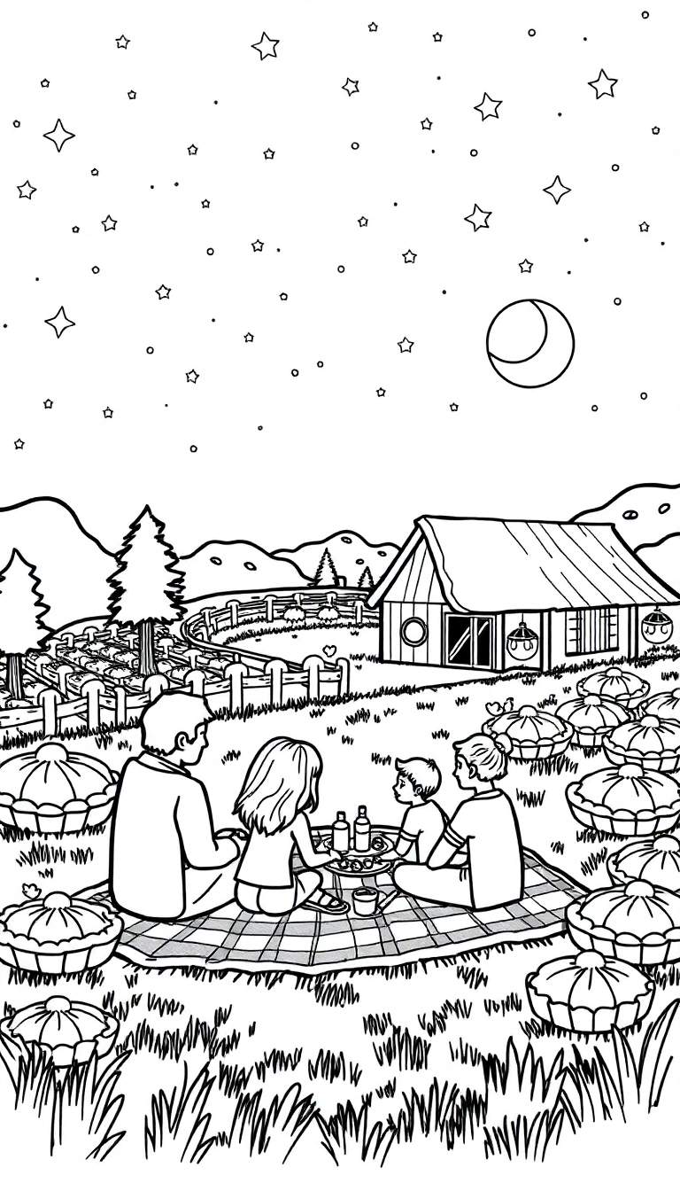 Een kleurplaat van een gezin dat 's nachts picknickt op een pompoenveld bij een huis.