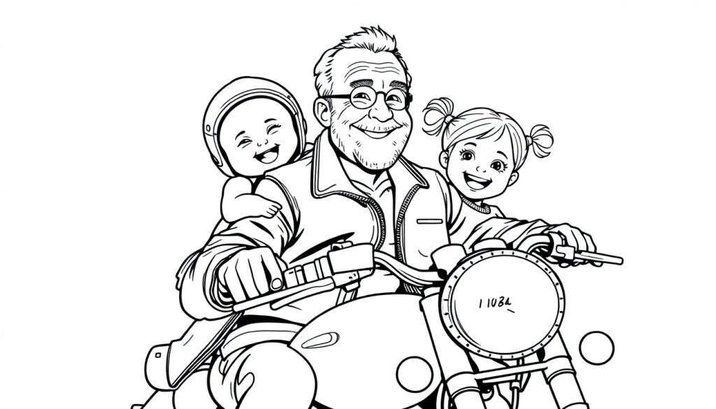 Kleurplaat van een lachende opa op een motor met een baby en een meisje.