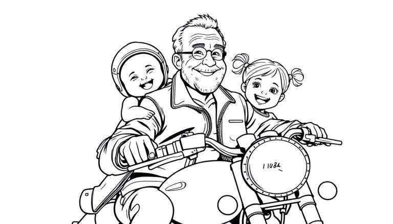 Kleurplaat van een lachende opa op een motor met een baby en een meisje.