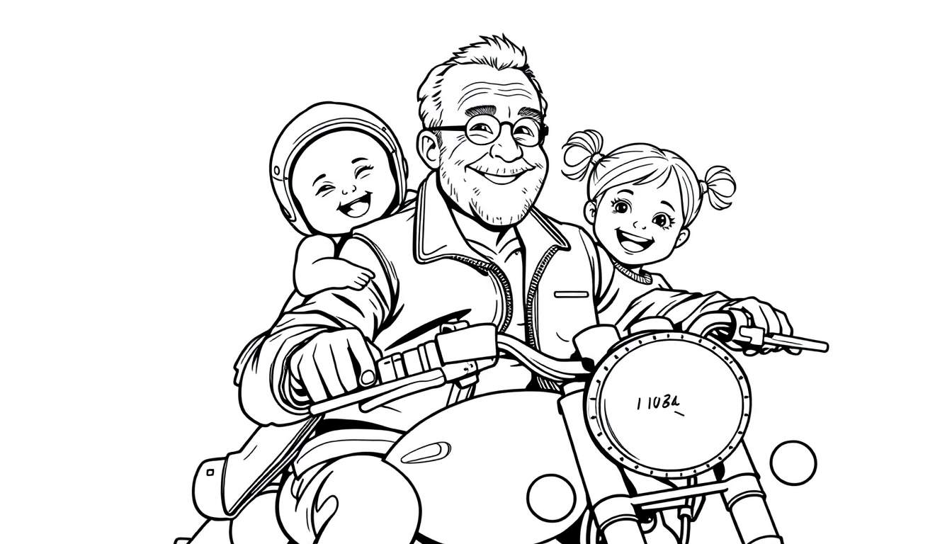 Kleurplaat van een lachende opa op een motor met een baby en een meisje.