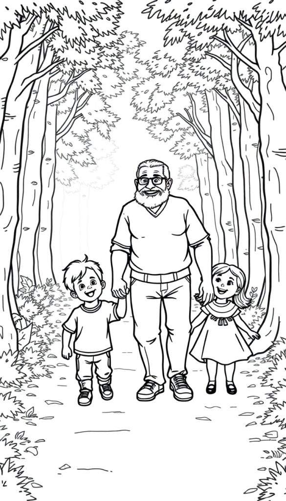Zwart-witte kleurplaat van een opa die hand in hand loopt met zijn kleinzoon en kleindochter door een bos met kale bomen.