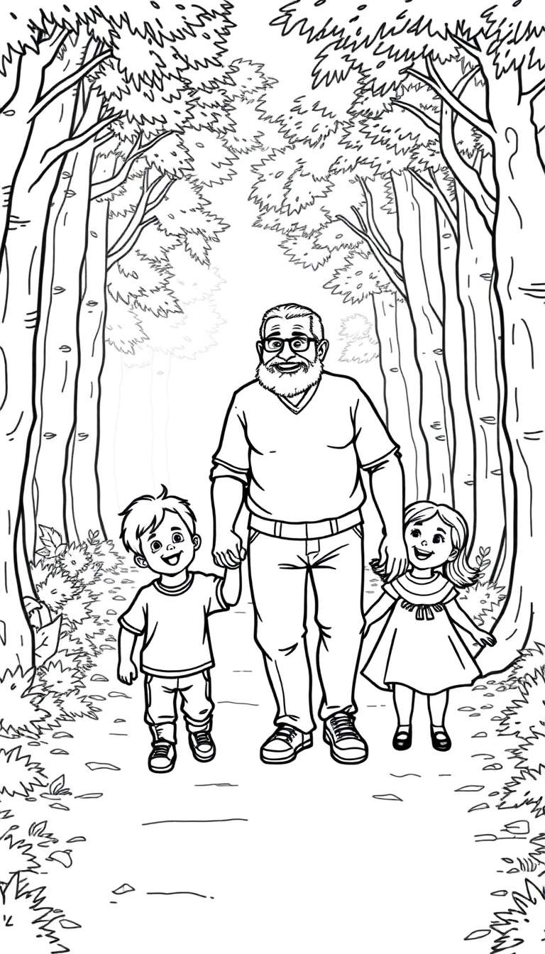 Zwart-witte kleurplaat van een opa die hand in hand loopt met zijn kleinzoon en kleindochter door een bos met kale bomen.