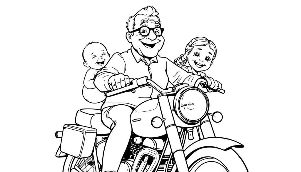 Kleurplaat van een lachende opa op een motor met een baby en een meisje.