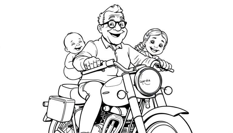 Kleurplaat van een lachende opa op een motor met een baby en een meisje.