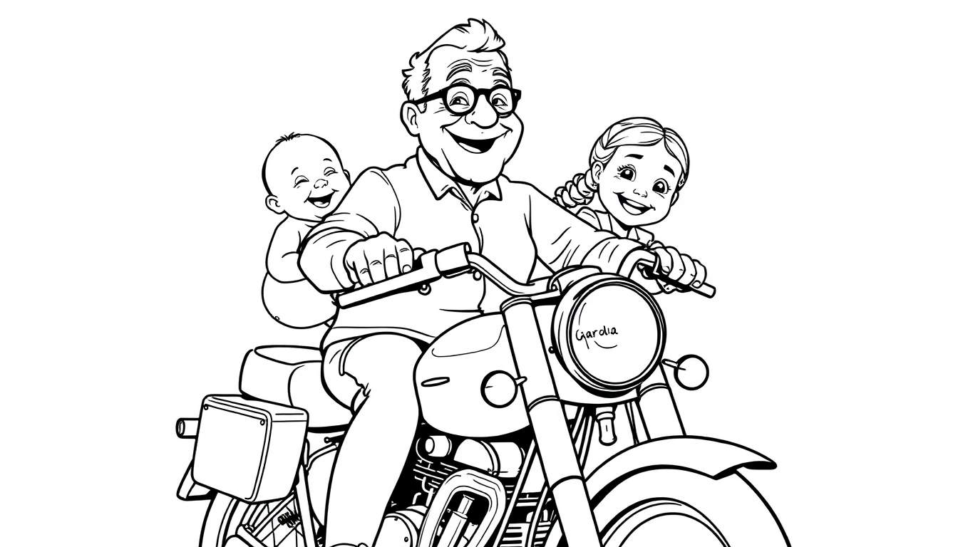 Kleurplaat van een lachende opa op een motor met een baby en een meisje.
