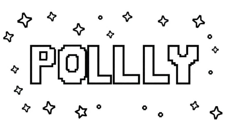 Kleurplaat van het woord POLLY in pixelstijl met sterren.