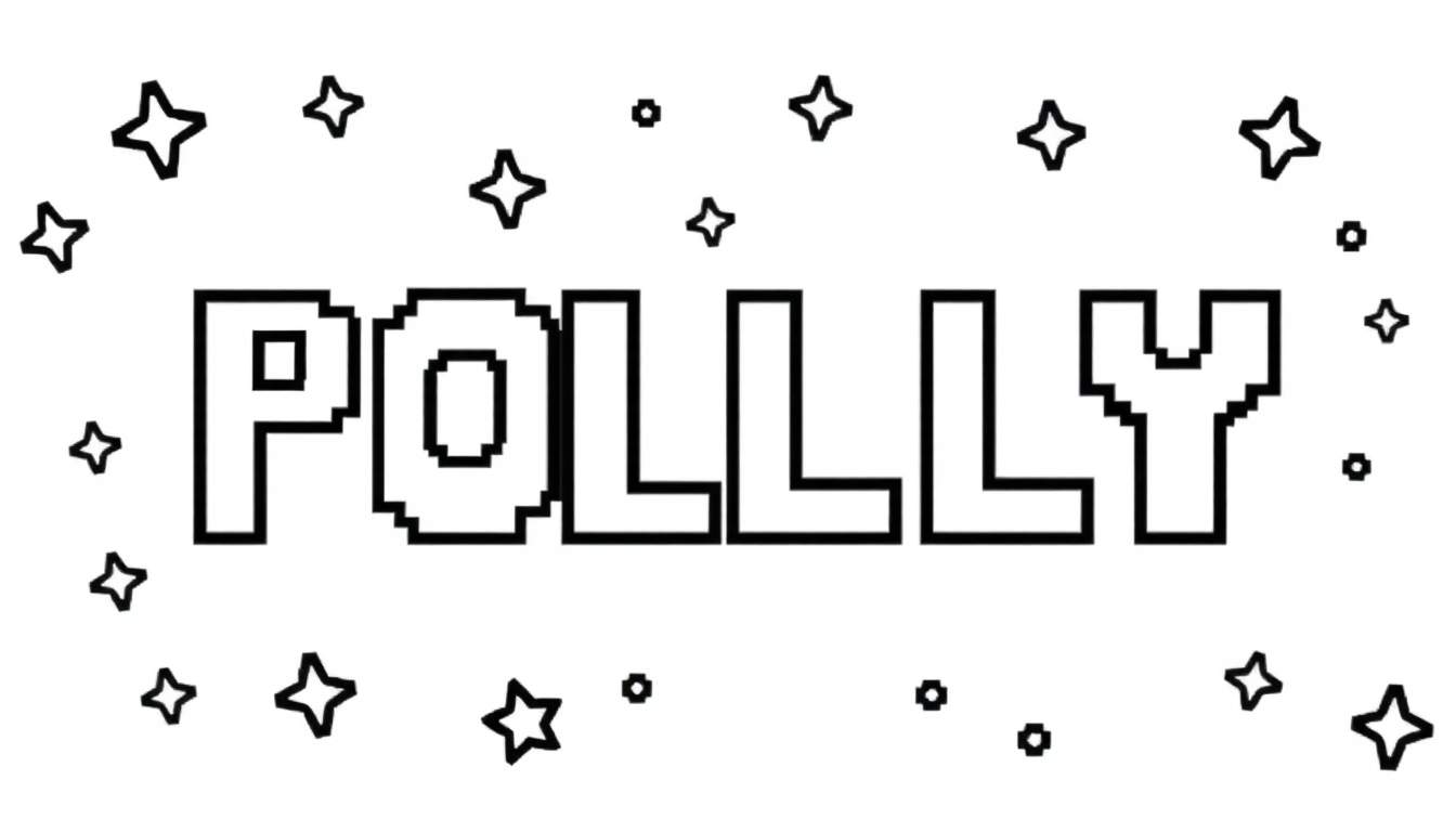 Kleurplaat van het woord POLLY in pixelstijl met sterren.