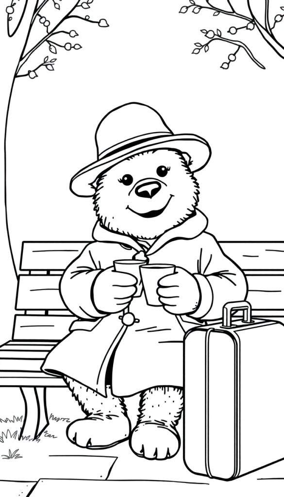 Kleurplaat van Paddington beer met hoed, jas en koffer, zittend op een bank.