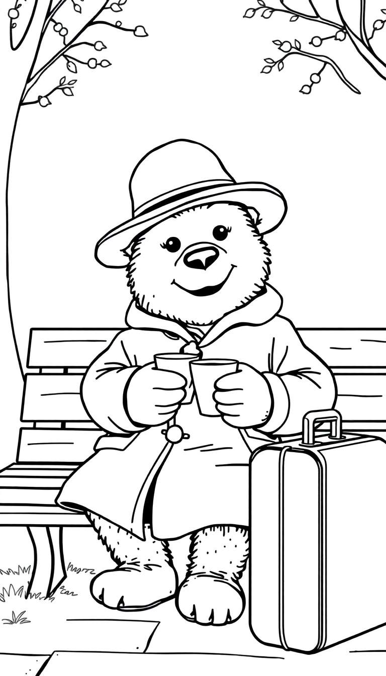 Kleurplaat van Paddington beer met hoed, jas en koffer, zittend op een bank.