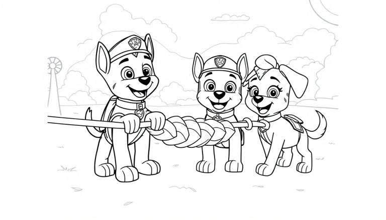 Paw Patrol puppy's kleurplaat met touw