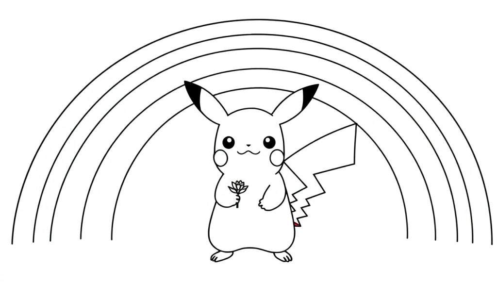 Pikachu kleurplaat bij een regenboog met een bloem.
