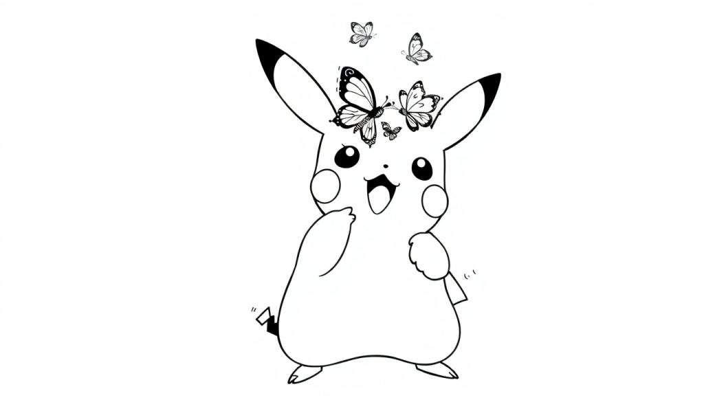 Zwart-wit kleurplaat van Pikachu die vrolijk speelt met vlinders, sommige vlinders zitten op zijn hoofd.