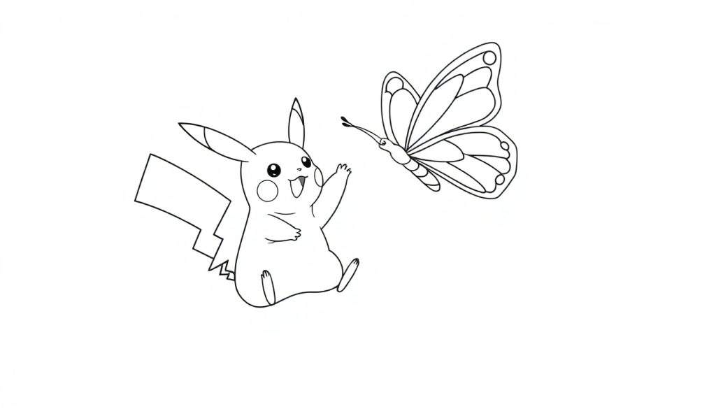 Kleurplaat van Pikachu die een vlinder observeert.