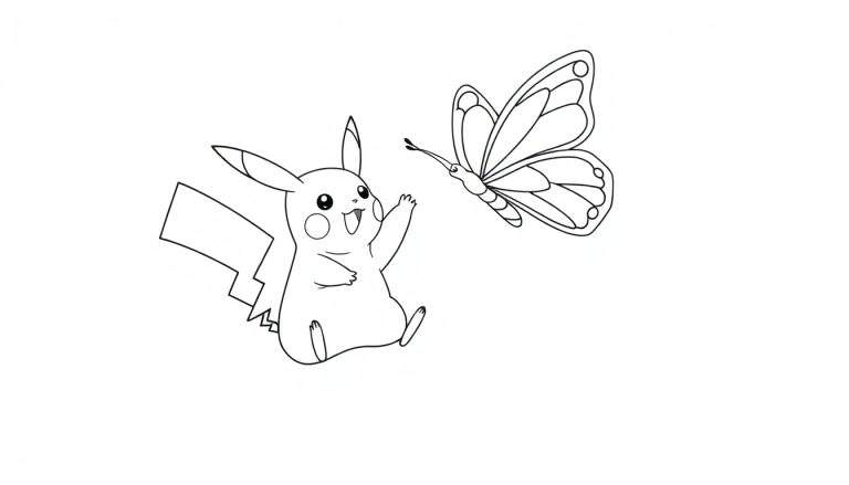 Kleurplaat van Pikachu die een vlinder observeert.
