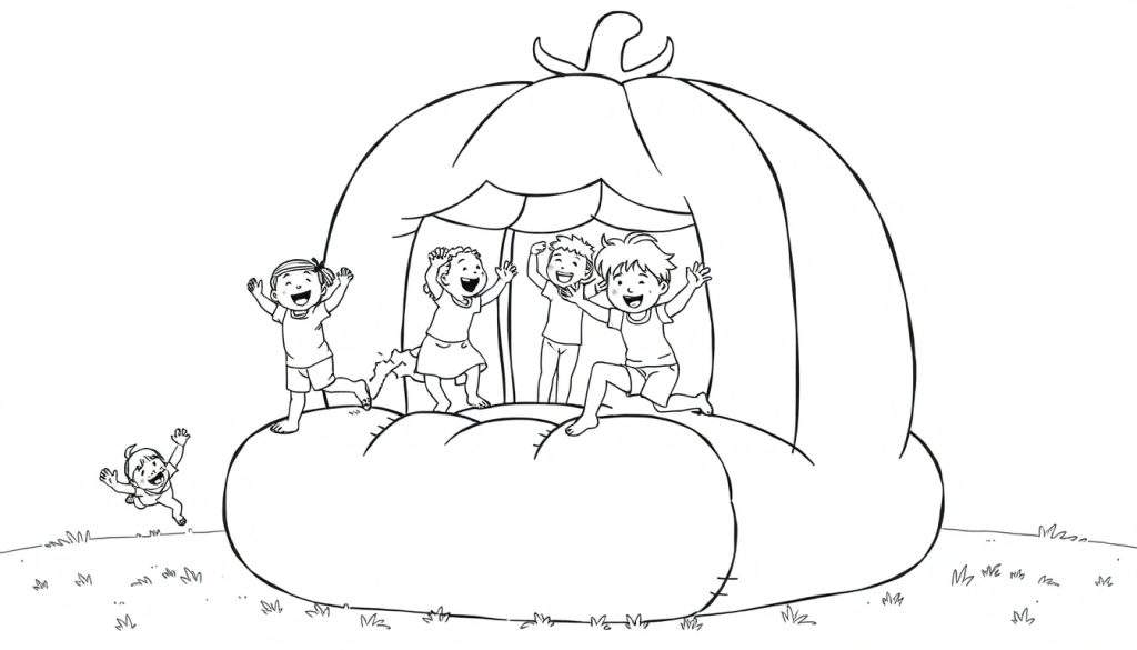 Kleurplaat van lachende kinderen die op een pompoen springen.