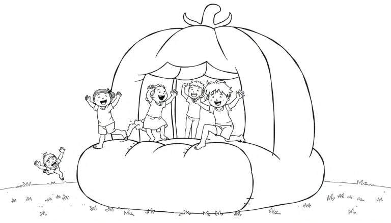 Kleurplaat van lachende kinderen die op een pompoen springen.