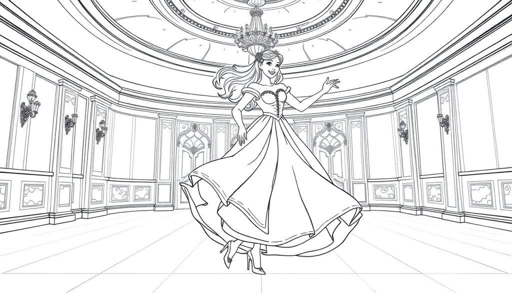 Kleurplaat van een prinses in een balzaal met hakken.