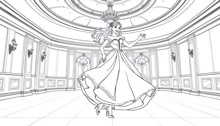 Kleurplaat van een prinses in een balzaal met hakken.