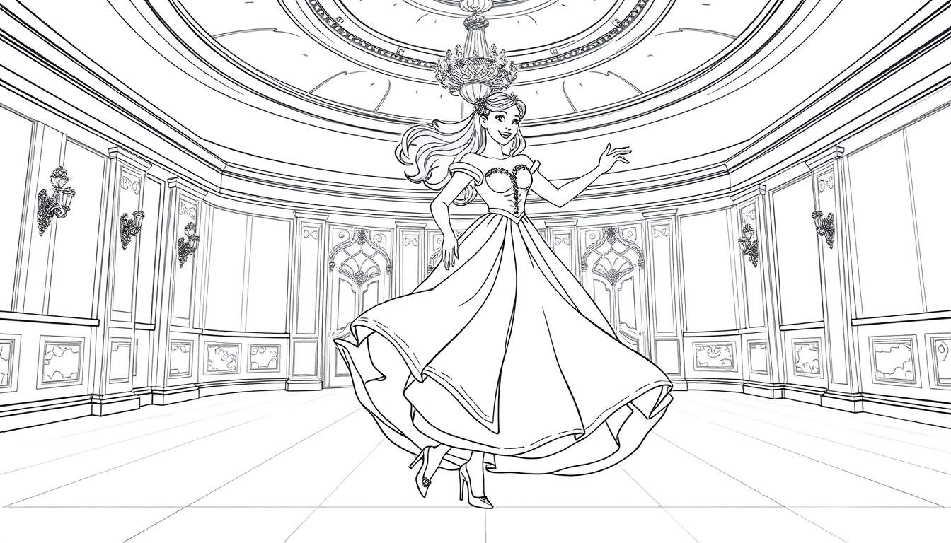 Kleurplaat van een prinses in een balzaal met hakken.