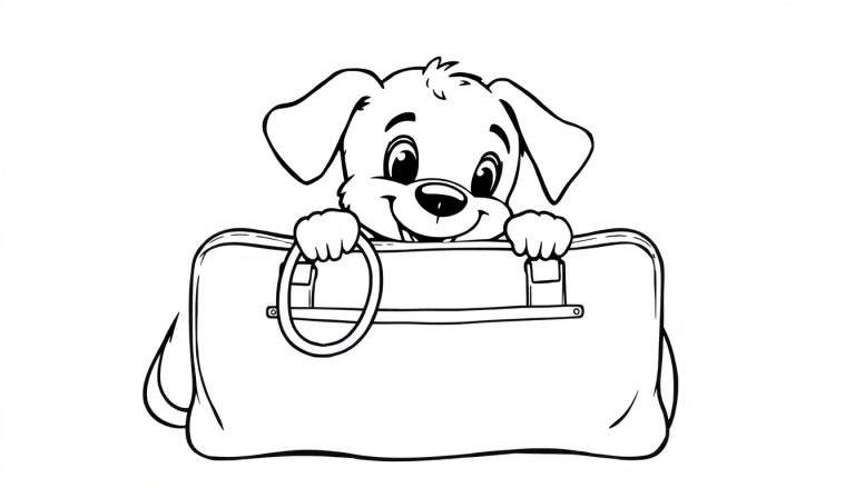 Een schattige puppy kijkt uit een tas, als kleurplaat.