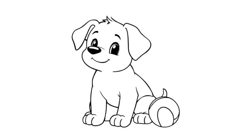 Een schattige zwart-wit cartoonhond, puppy kleurplaat, met bal.