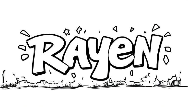 Kleurplaat: stoere Graffiti met de naam Rayen in cartoonstijl, zwart-wit met sterren en vormen.