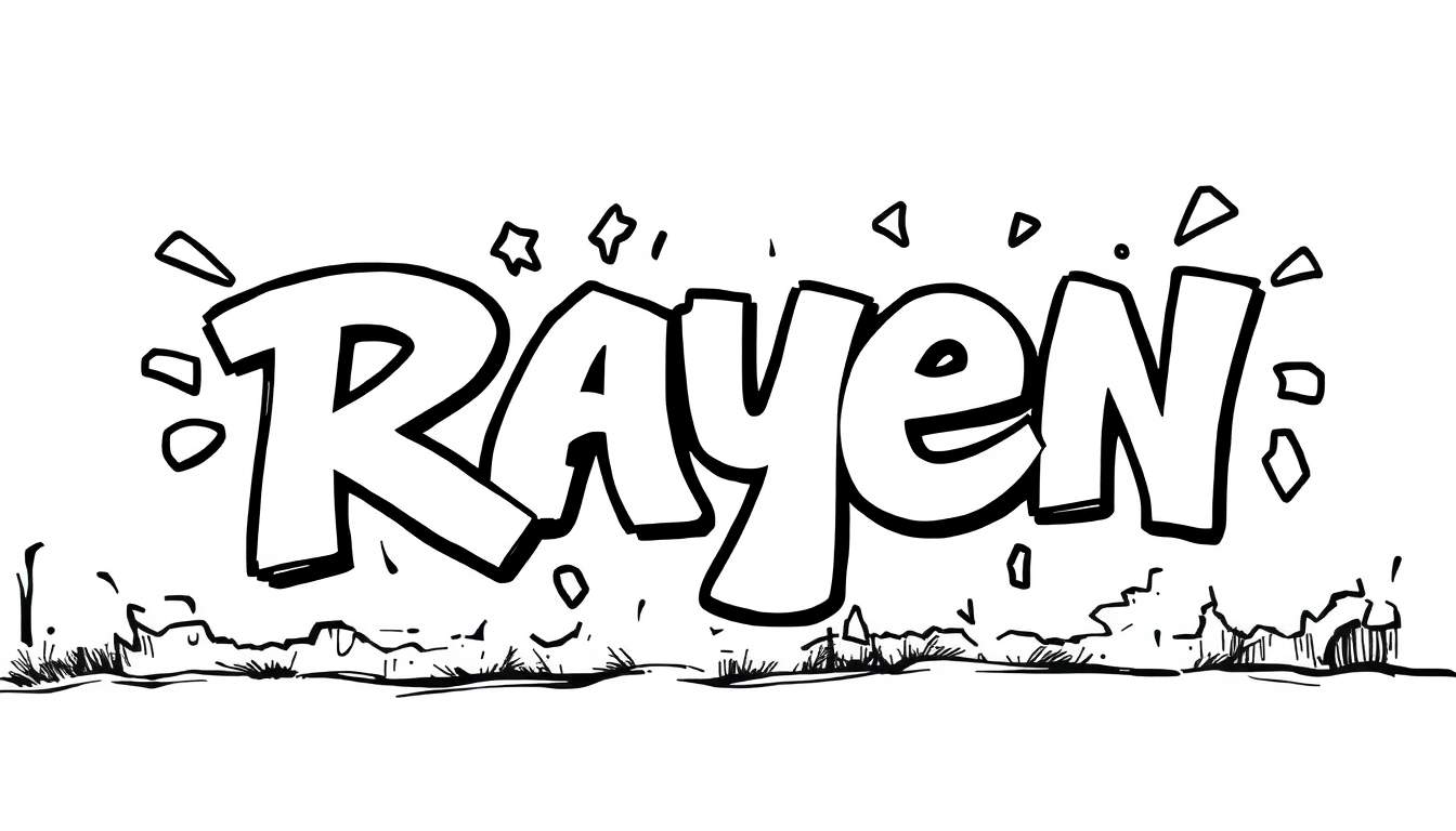 Kleurplaat: stoere Graffiti met de naam Rayen in cartoonstijl, zwart-wit met sterren en vormen.