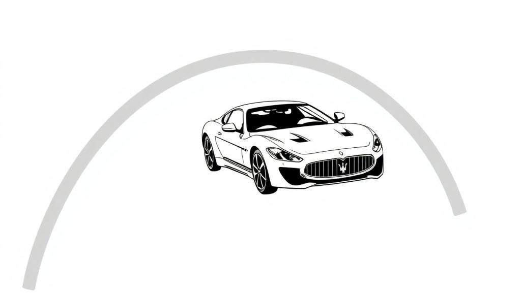 Kleurplaat van een gestileerde Maserati GranTurismo op een regenboog met zonnestralen.