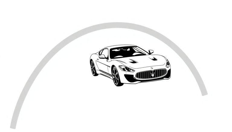 Kleurplaat van een gestileerde Maserati GranTurismo op een regenboog met zonnestralen.