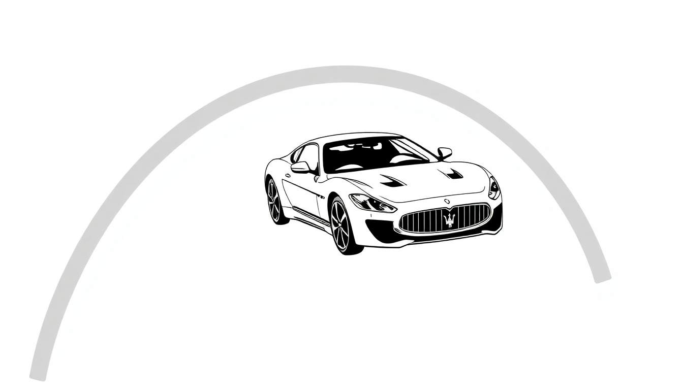 Kleurplaat van een gestileerde Maserati GranTurismo op een regenboog met zonnestralen.