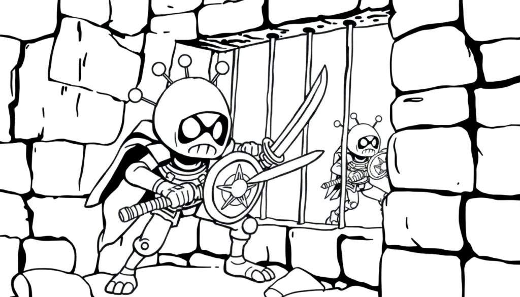 Zwart-wit kleurplaat van twee robotachtige figuren met helmen en antennes, een staat voor tralies met een zwaard en schild, de ander erachter.