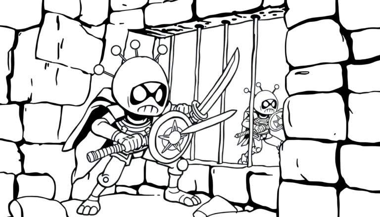 Zwart-wit kleurplaat van twee robotachtige figuren met helmen en antennes, een staat voor tralies met een zwaard en schild, de ander erachter.