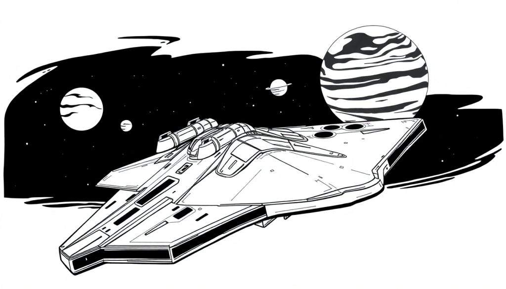 Gestileerd zwart-wit ruimteschip voor kleurplaat.