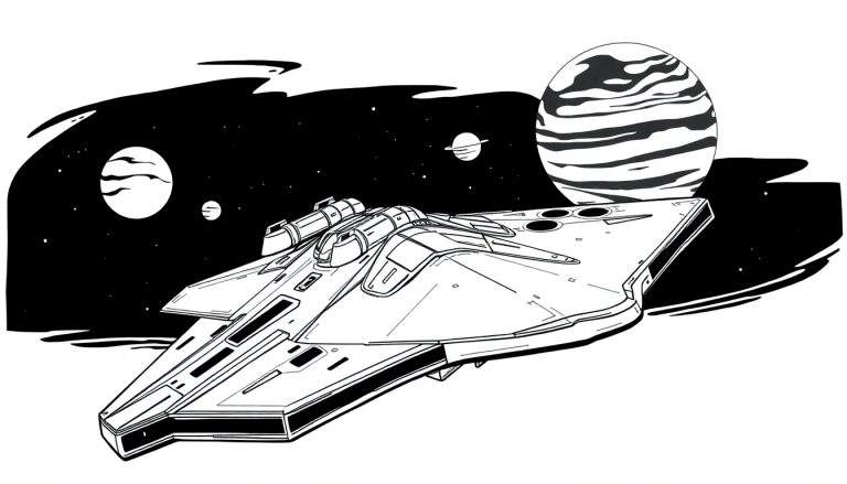 Gestileerd zwart-wit ruimteschip voor kleurplaat.