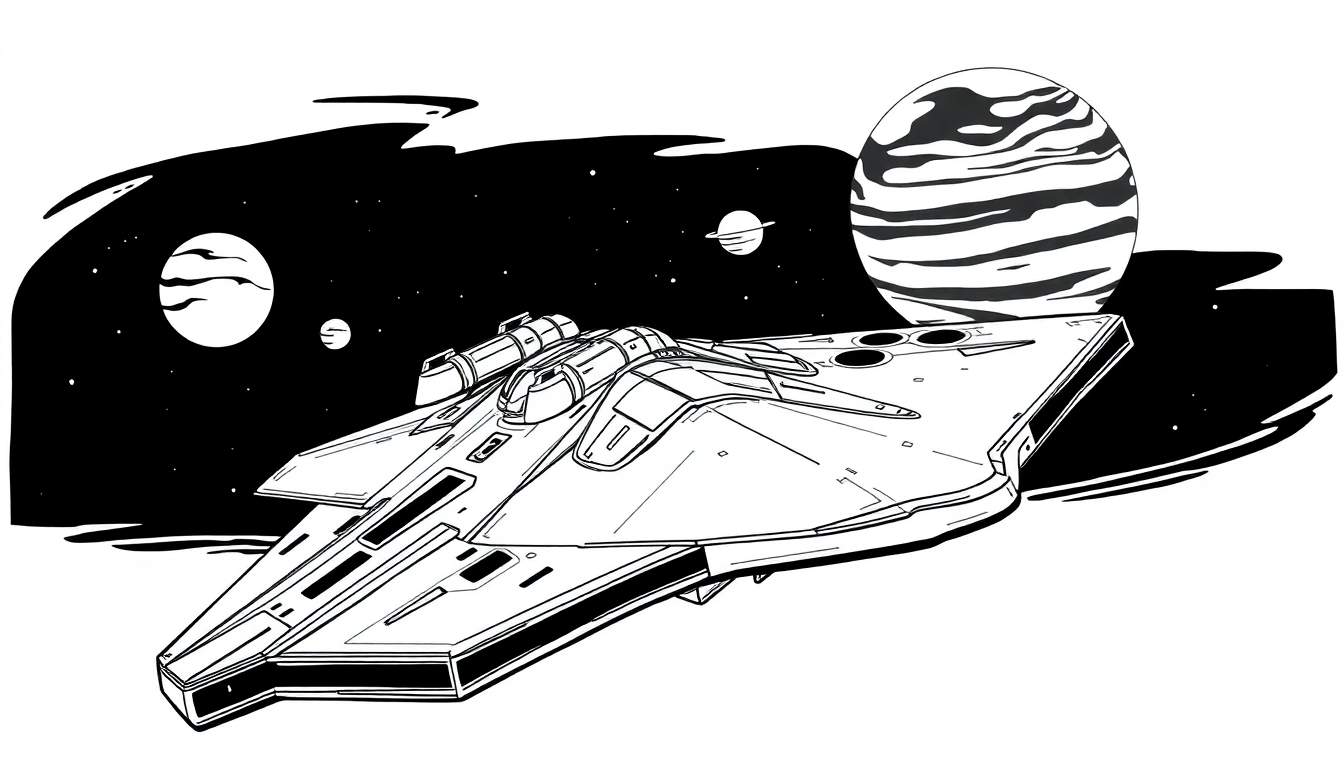 Gestileerd zwart-wit ruimteschip voor kleurplaat.