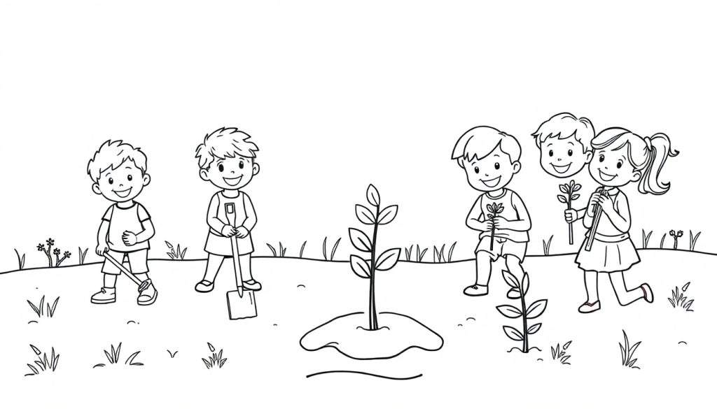 Zwart-wit kleurplaat van kinderen die een boom planten met schoppen en een klein boompje.