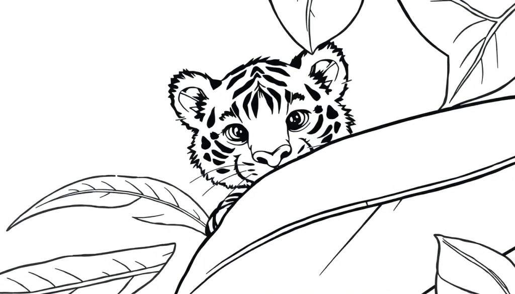Kleurplaat van een schattig tijgerwelpje dat tussen bladeren gluurt.