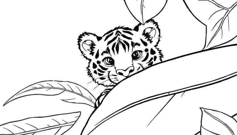 Kleurplaat van een schattig tijgerwelpje dat tussen bladeren gluurt.