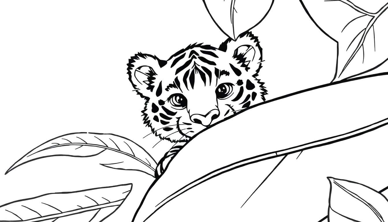 Kleurplaat van een schattig tijgerwelpje dat tussen bladeren gluurt.