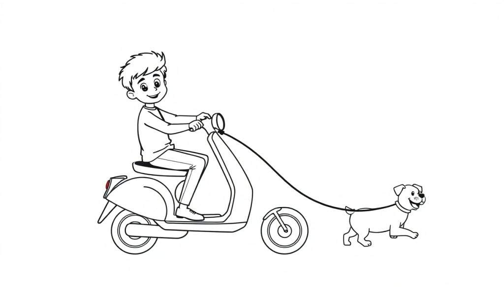 Zwart-wit kleurplaat van een lachende jongen op een scooter die een blije hond uitlaat.