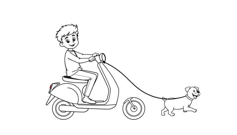 Zwart-wit kleurplaat van een lachende jongen op een scooter die een blije hond uitlaat.