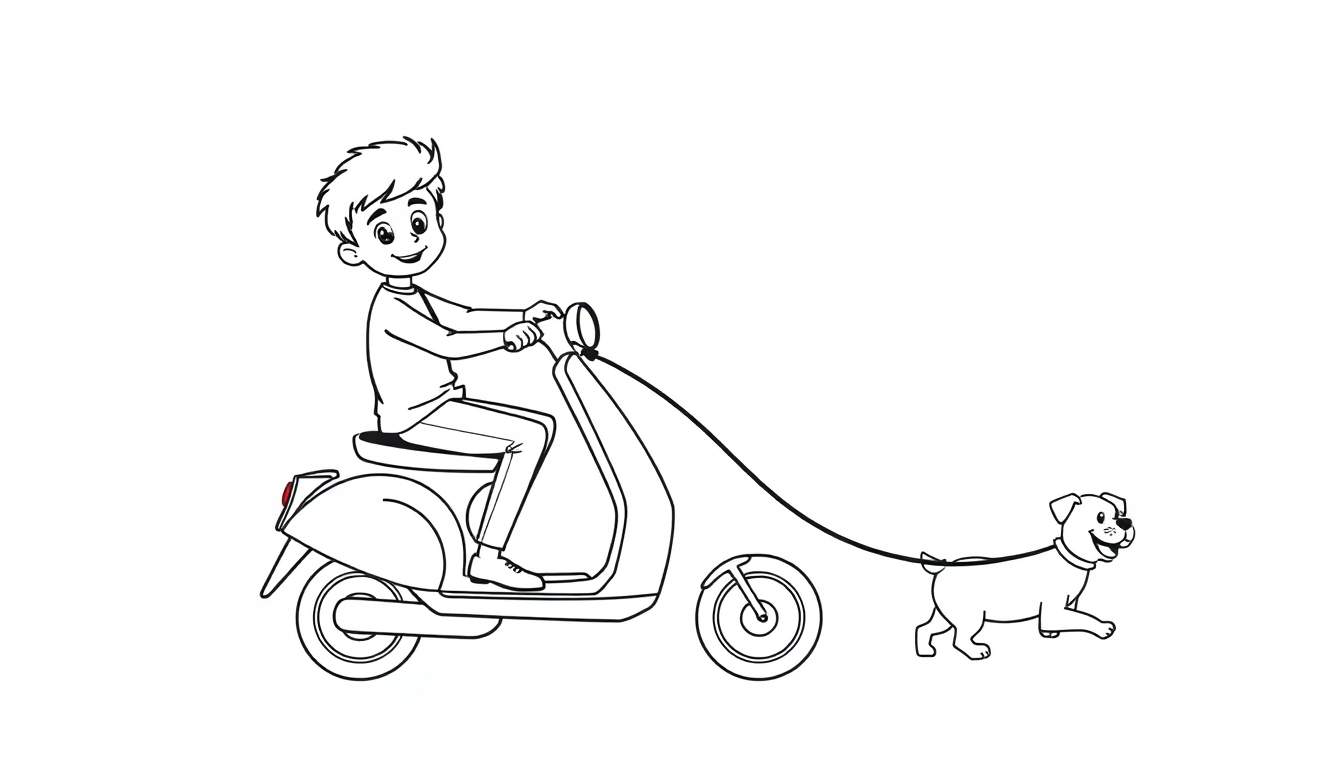 Zwart-wit kleurplaat van een lachende jongen op een scooter die een blije hond uitlaat.