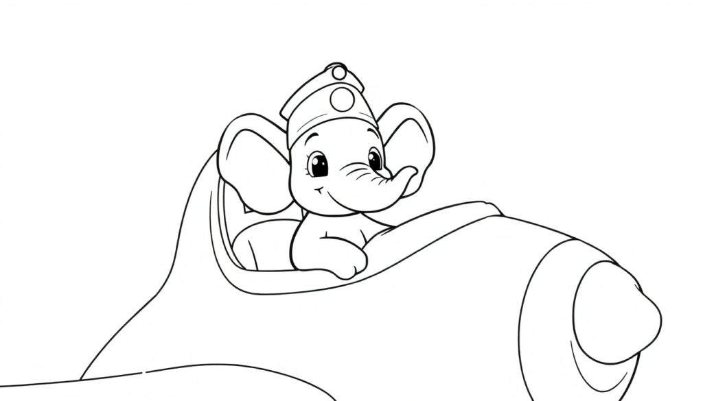 Zwart-wit kleurplaat van een olifant met een petje die een vliegtuig bestuurt.