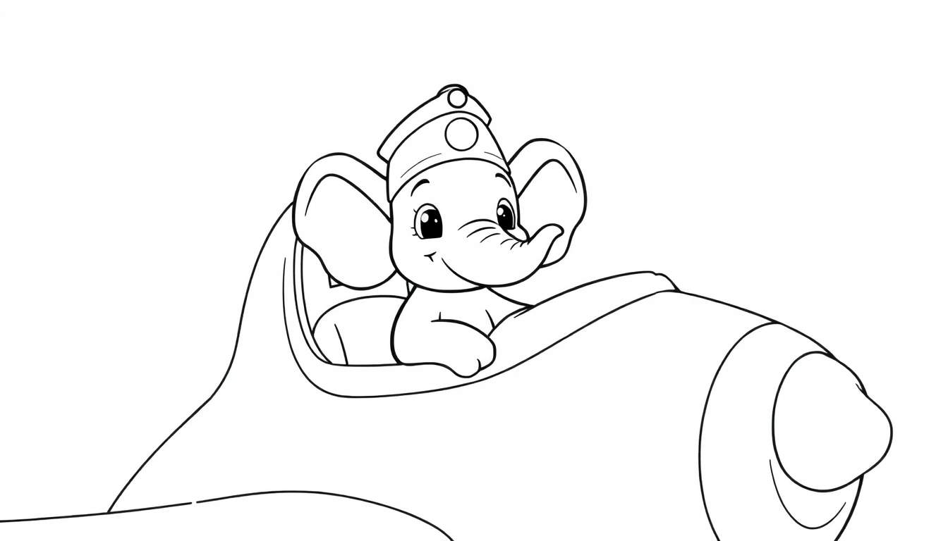 Zwart-wit kleurplaat van een olifant met een petje die een vliegtuig bestuurt.