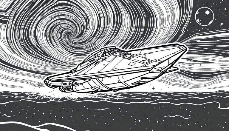 Een zwart-wit, lineaire kleurplaat van een futuristisch ruimteschip dat over een wateroppervlak raast, met een kosmische vortex erboven en een maan in de verte.