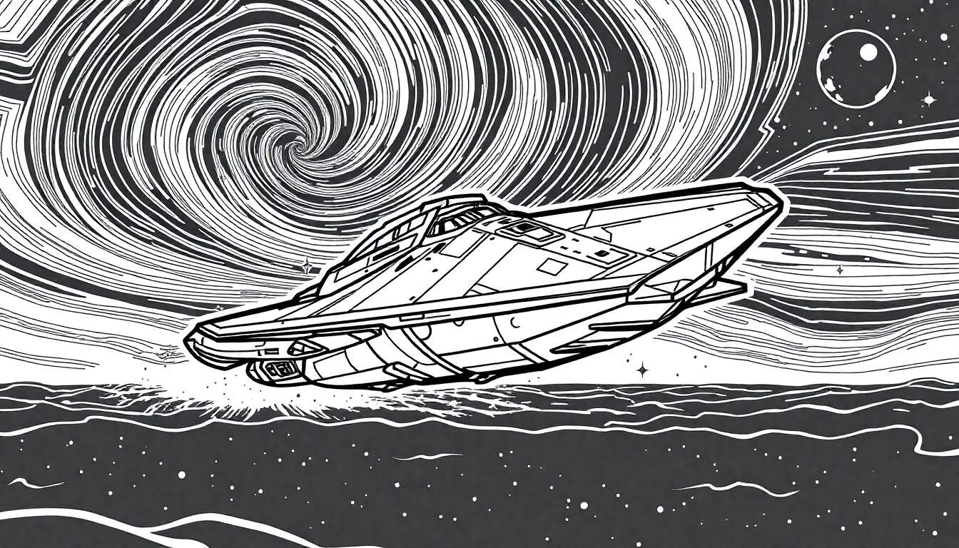 Een zwart-wit, lineaire kleurplaat van een futuristisch ruimteschip dat over een wateroppervlak raast, met een kosmische vortex erboven en een maan in de verte.