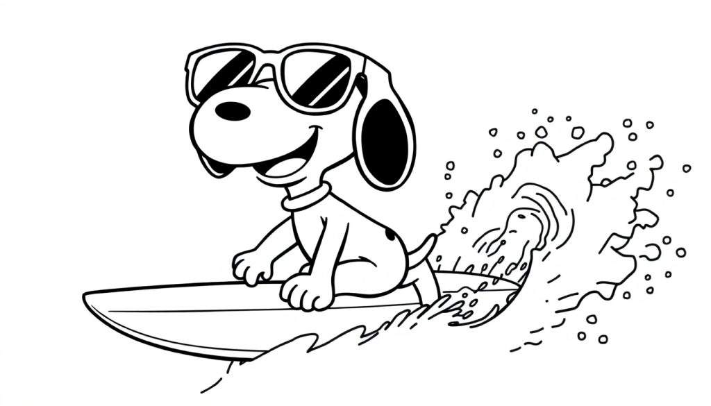 Kleurplaat van Snoopy die surft met zonnebril op een surfboard in de golven.